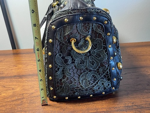 NWT Big Buddha Black Satchel Green Lace Handbag Purse Gold Beads Tassel Vintage - Picture 11 of 20