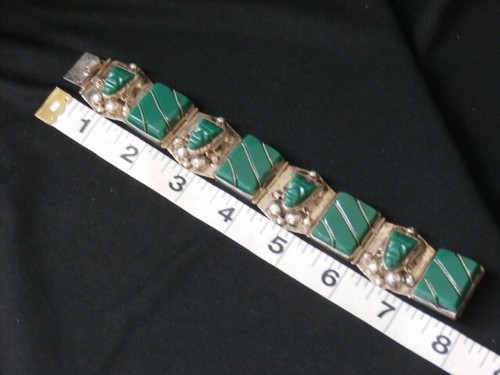 Unique Vintage Sterling Silver Mexico Handmade Green Agate Bracelet. #111 - Picture 7 of 8