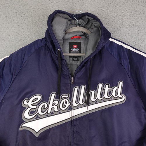 Ecko Unltd Jacket Mens XL Blue Bomber Striped Quilted Hooded Full Zip 90s Nylon - Picture 4 of 20