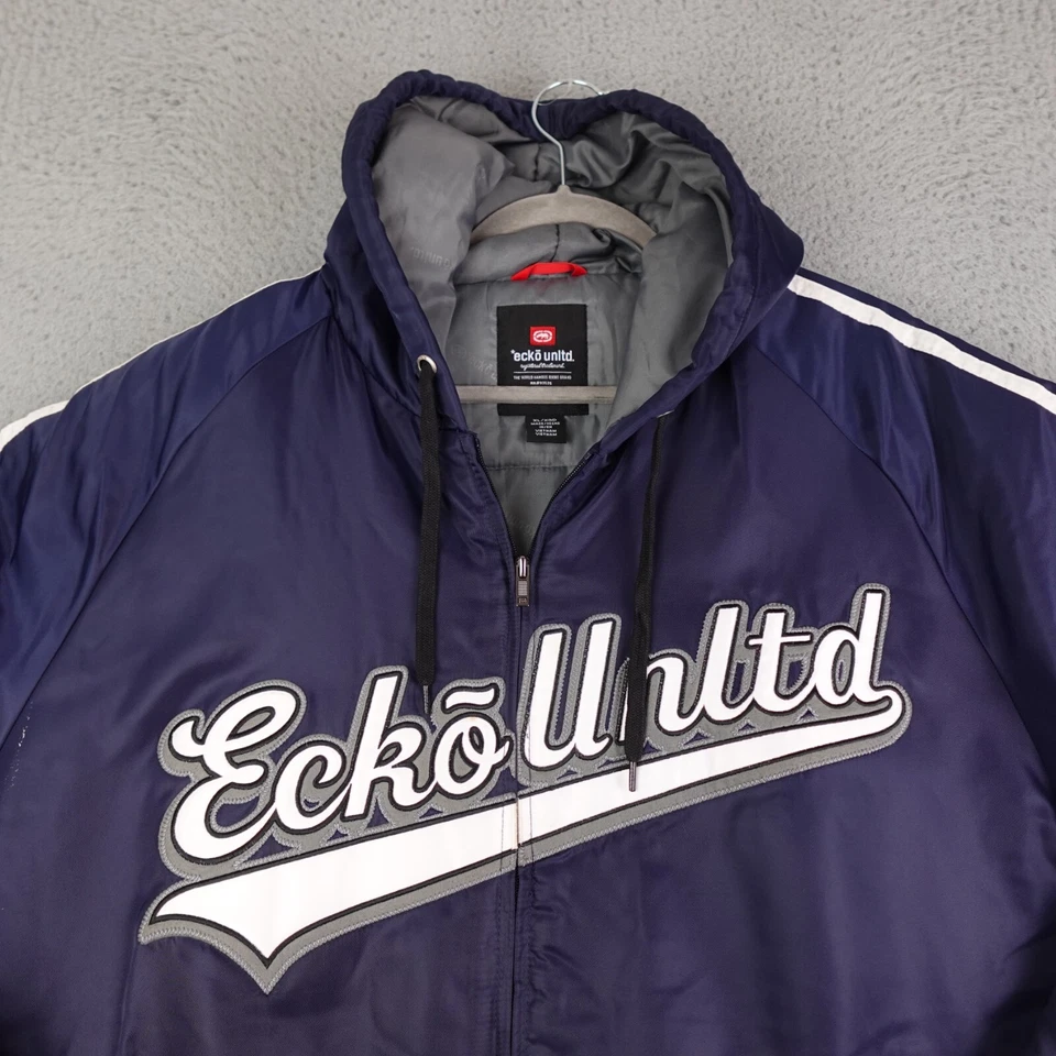 Chaqueta Ecko Unltd Para Hombre XL Azul Bombardero Rayas Acolchada Con Capucha Cremallera Completa Años 90 Nylon Foto 4 de 4