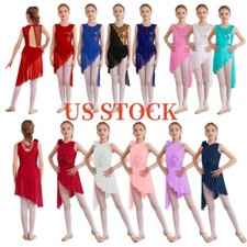 Girls Sleeveless Sequin Dance Leotard Lyrical Dress Asymmetric Skirt Costume