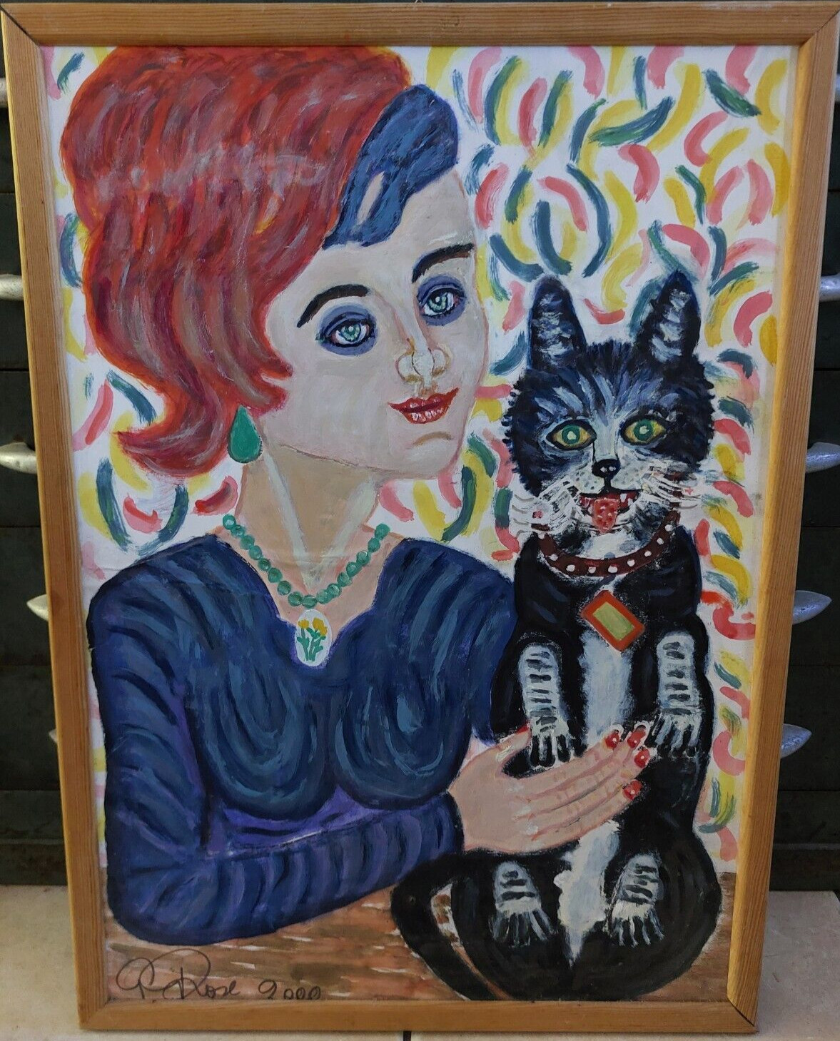 Peter Rose Gouache Retrato Mujer Gato Arte Naif Arte Basura Arte Nerd