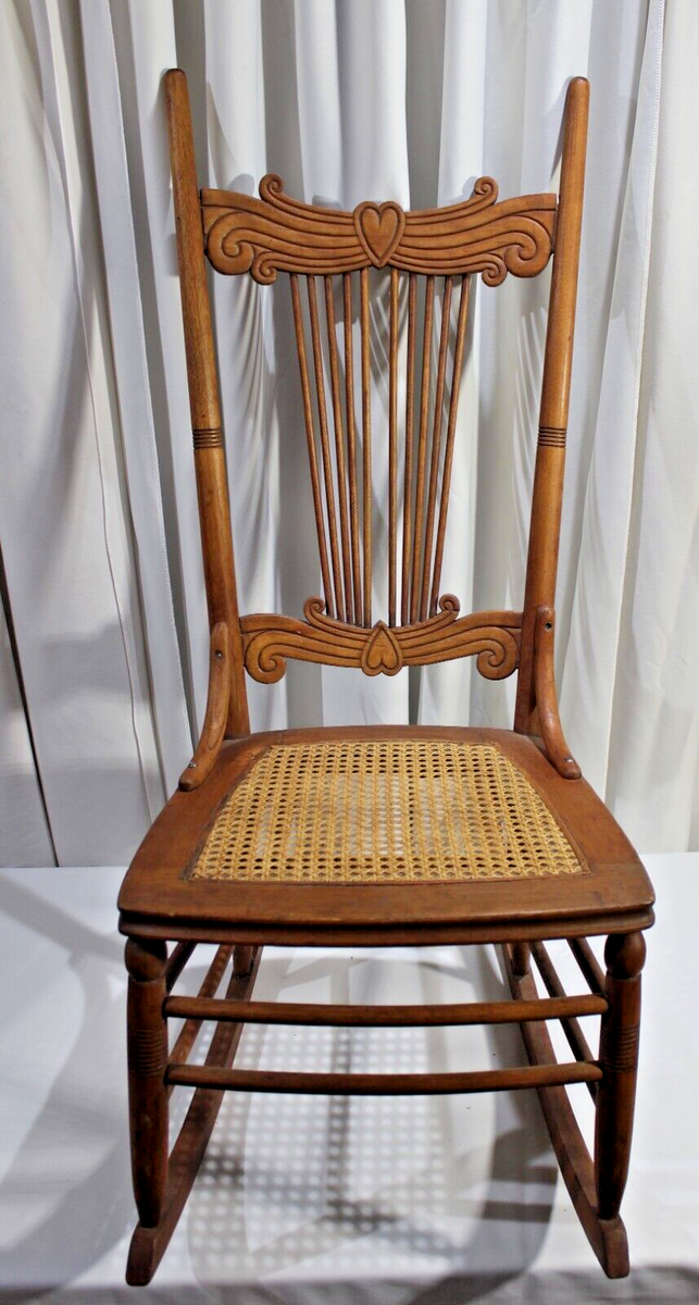 Antique Victorian Pressed Back Carved Oak Wood Rocking Chair Cane