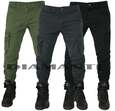 Pantaloni uomo Cargo tasconi laterali multitasche casual slim elasticizzati 584