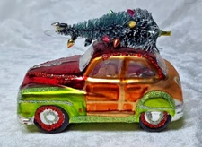 Woody Wagon Glass Christmas Ornament W/ Tree