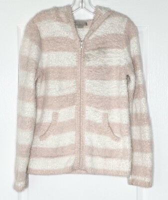 BAREFOOT DREAMS Pink White Stripe Rinka Cozy Chic Zip Hoodie 