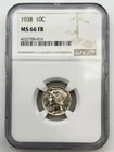 1938 Mercury Dime 10C NGC MS66 FB Full Bands Silver US Coin Winged Liberty BM1
