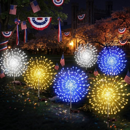 6 Pcs 4th of July Solar Firework Lights Patriotic Solar Light Outdoor Garden ...