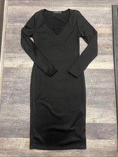 Boohoo Black Ribbed Long Sleeve V-Neck Midi Dress