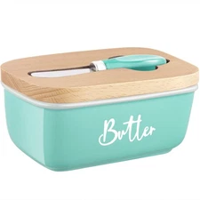 ALELION Turquoise Butter Dish with Lid and Knife for Countertop, Ceramic Butt...