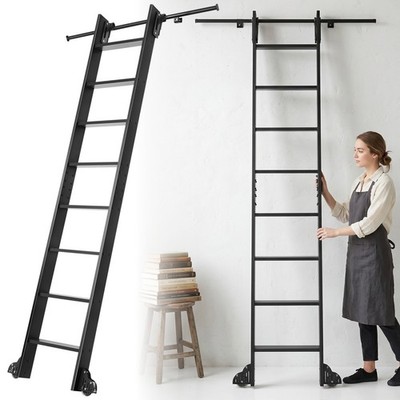 96'' Lightweight Aluminum Rolling Ladder w/ 4FT Track Braking Wheels Space-Saving