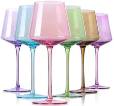 Physkoa 6-Pack Colorful Wine Glasses 16oz Tall Stem Flat Bottom Wine Gifts fo...