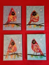 JULIEN Original 5x7 CARDINALS + STARS SET of Whimsical Acrylic Paintings Canvas