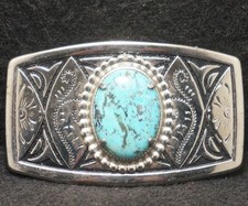 XC15124 NOS VINTAGE 1970s FLORAL BLUE STONE UNISEX FASHION BELT BUCKLE