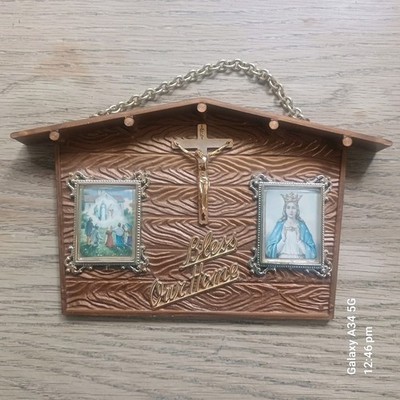 Vintage ''Segne unser Zuhause'' Kunststoff Wandbehang Plakette religiös Italien Jungfrau Maria