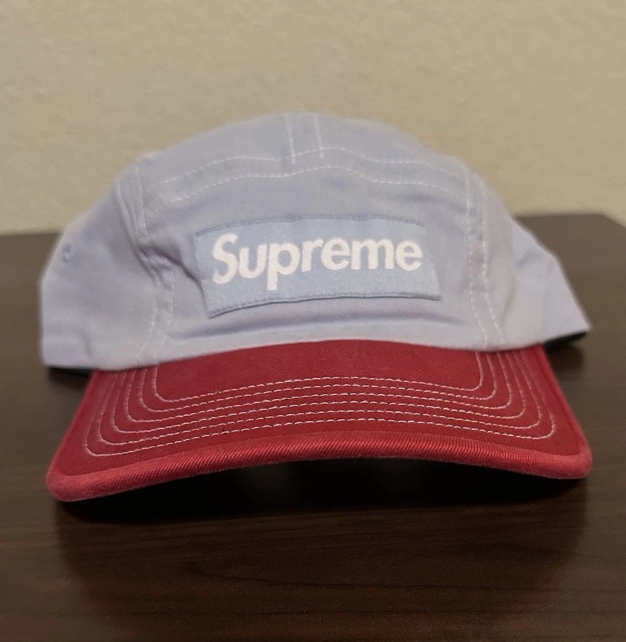 Supreme 2-Tone Twill Camp Cap Light Blue Red Box Logo SS22 Adjustable Hat