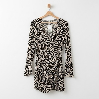 HM Womens Swirl Print Long Sleeve Wrap Mini Dress Black Cream Medium New NWT