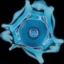 Blue EPIC VIKING Art GLASS HANDCHIEF BOWL Hand Crafted  Vintage MCM Boho Bowl 