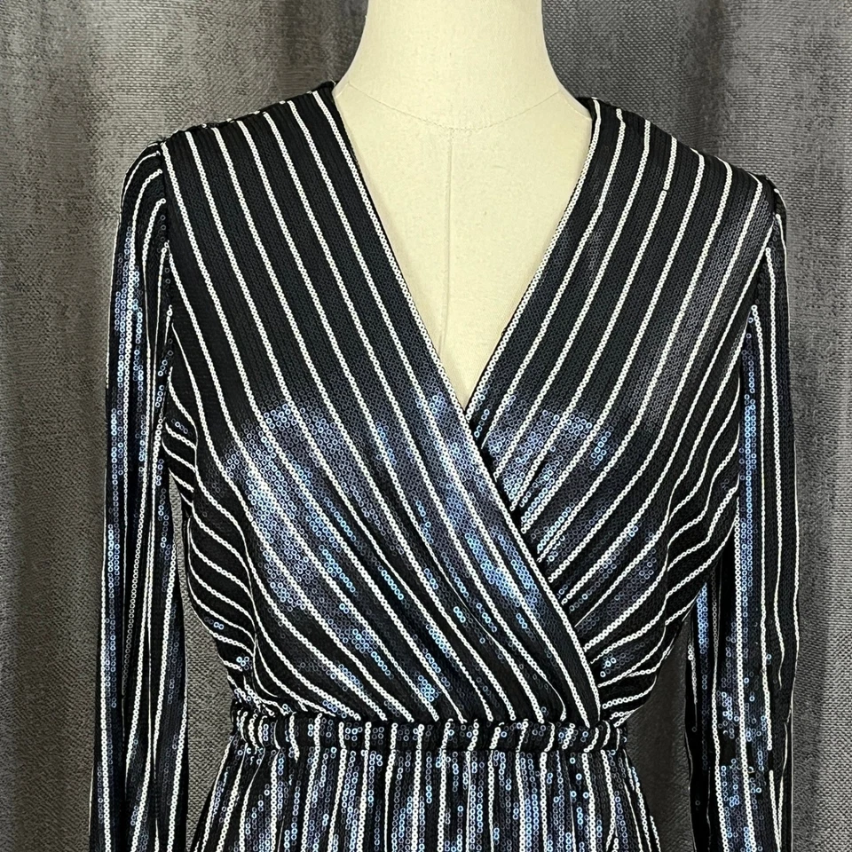 JACK by BB Dakota Sequin Mini Dress Black White Stripe XS Glam Cocktail Party - Image 2 of 4
