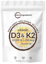 Vitamin D3 10000 iu Plus K2 (MK-7) 200 mcg, 300 Virgin Coconut Oil Softgels NEW