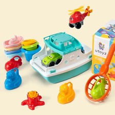 Utoyz Ferry Boat Toys Set with Helicopter 2 Cars Baby Bath Toys for Toddlers Col
