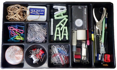 Lot Vintage Office Supplies Black Plastic Drawer Organizer Insert with Contents