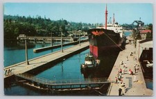 Postcard Seattle Washington Government Locks Giant Tanker Lake Union