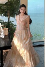 Women's New temperament gauze skirt Floral seaside vacation Backless long dress 