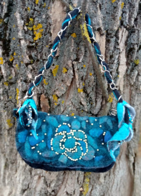 Unique Womens Turquoise Black Felted Bag.flower Bag.Beaded Bag.Chain Bag.Art Bag
