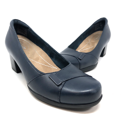 #ad #ad Clarks Shoes Womens 6 Rosalyn Belle Navy Leather Low Block Heel Slip On Pumps $17.99