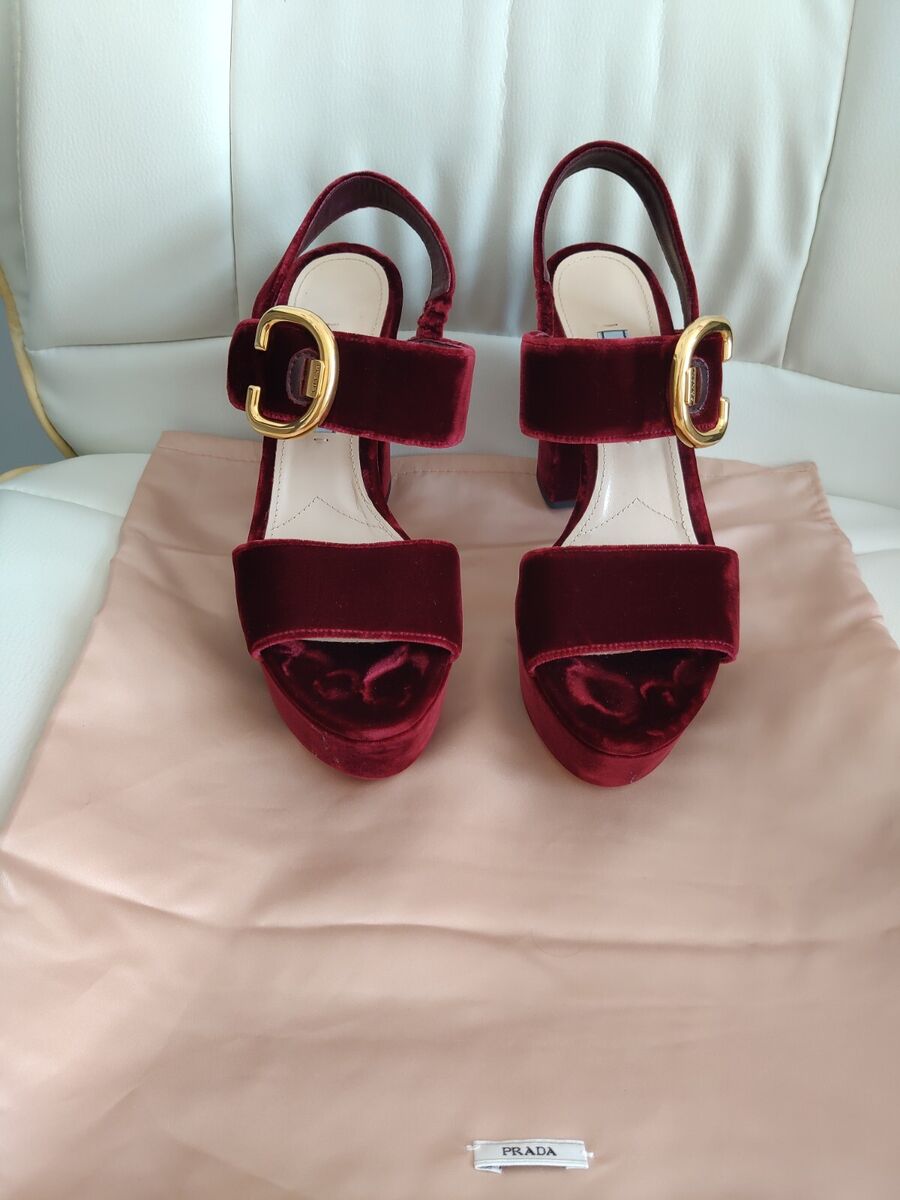 Prada Burgundy Velvet Velour Platform Slingback Sandals Prada Burgundy Velvet Velour Platform Slingback Sandals