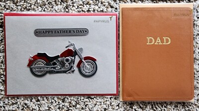Papyrus Father's Day Cards 2 PC - 3D Motorcycle & Passport - Seals, Envelope NEW