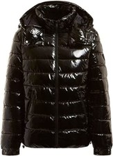 Guess Jeans Womens Long Florenza Jacket Glossy Nylon Puffer Hood Black