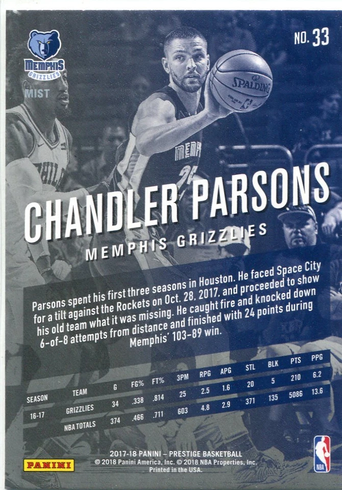 2017-18 PRESTIGE MIST PARALLELS CHANDLER PARSONS MEMPHIS GRIZZLIES - Image 2 of 2