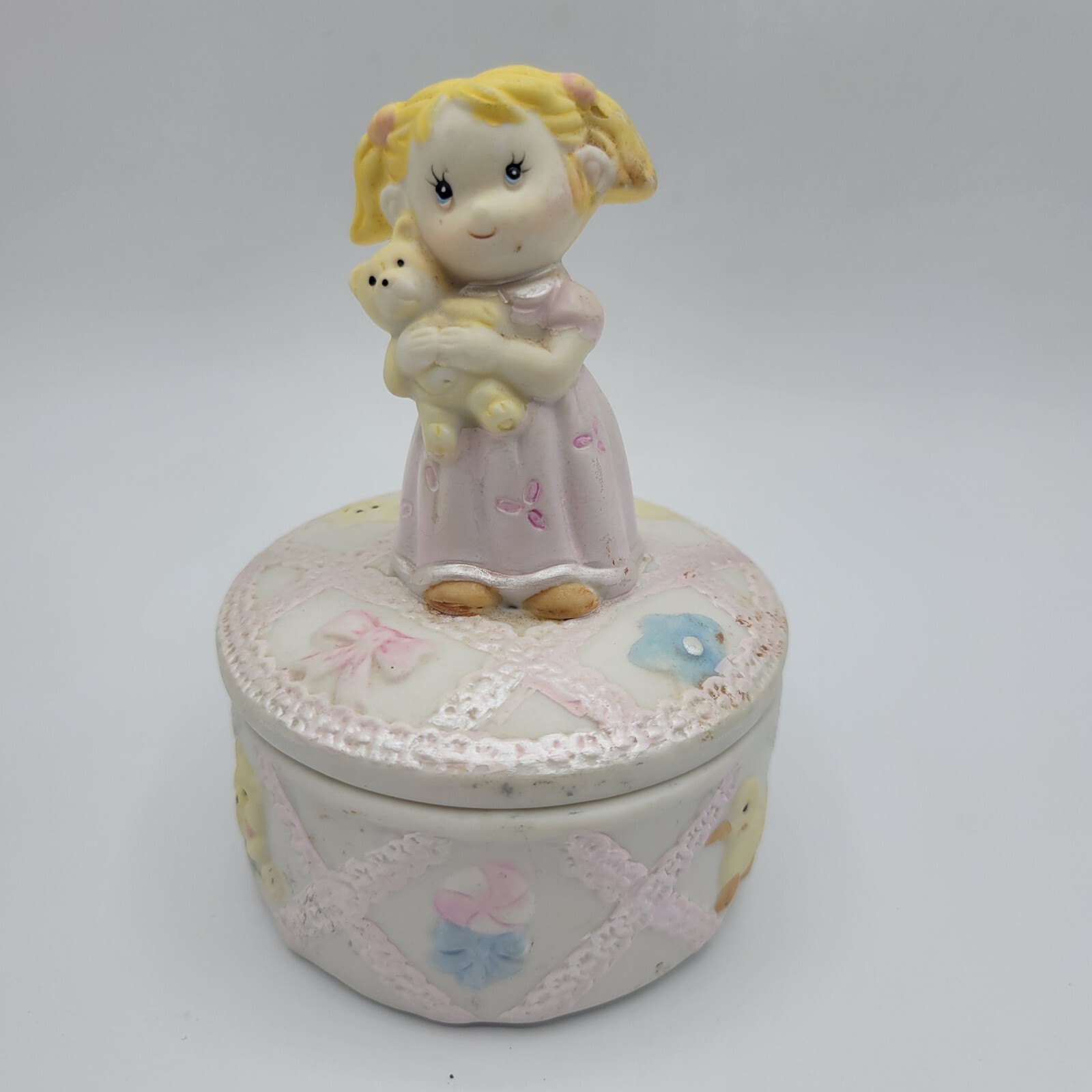 Ceramic Jewelry Box for Baby Girl with Teddy Bear 3.25