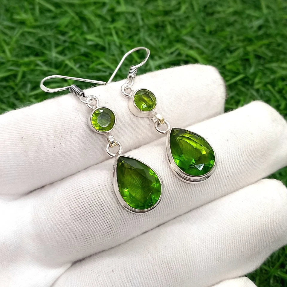 925 Sterling Silver Rose Cut Green Peridot Gemstone Jewelry Dangle Drop Earring - Image 3 of 3