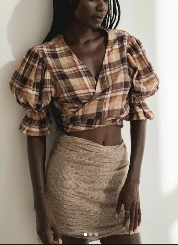 Pequeñas Hijas de la India Algodón MEERA Marrón-Clavo Cuadros Manga Abullonada ENVOLTURA TOP Foto 2 de 4