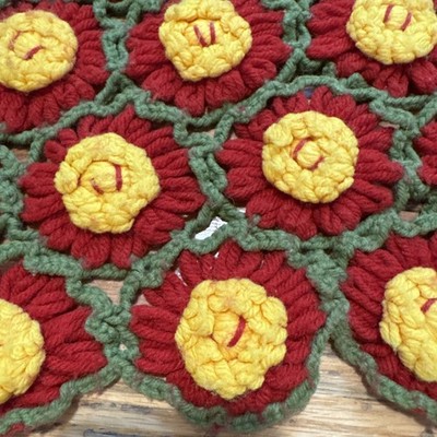 Vintage 3D Crochet Granny Blanket Afghan 36x51 Flower Baby Cottage Red Gree Gold