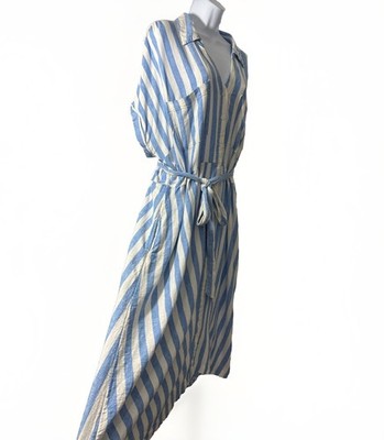 Coastal Grandmother Blue White Striped Linen Blend Midi Shirt 1XDress Button Tie