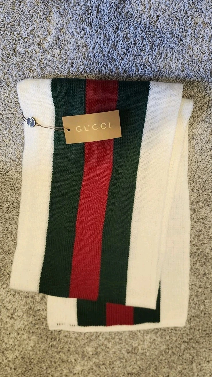 Gucci écharpe laine et cachemire unisexe adulte 58x10 vert rouge blanc Made in Italy