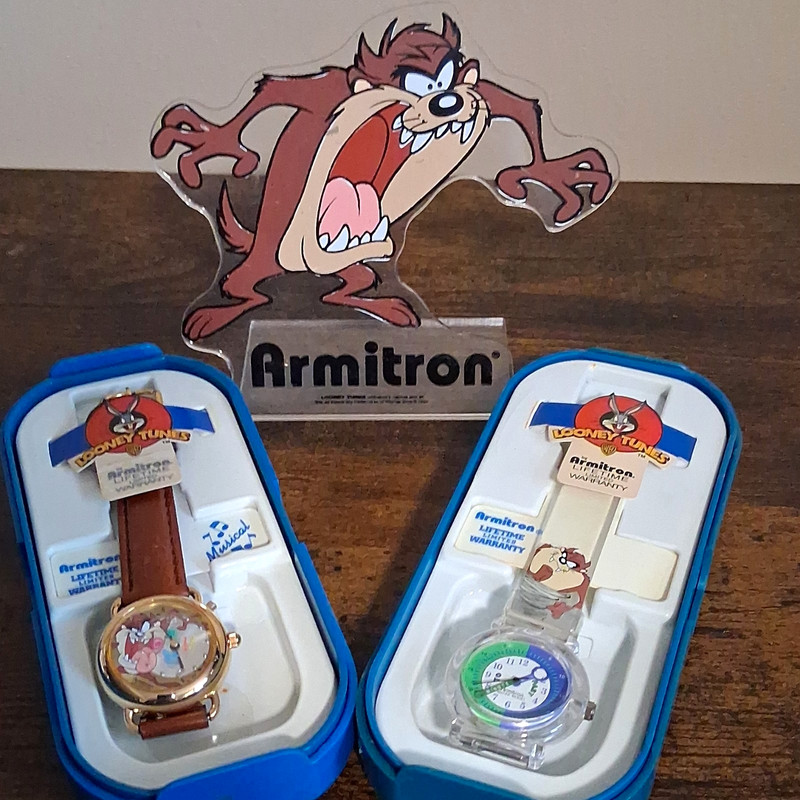 Vintage Armitron Looney Tunes Taz Analog Watch Lot of 2 w/ Case & Display Mint