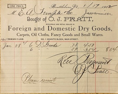 1902 BILLHEAD (A5)~O.J. PRATT CO. BRATTLEBORO, VT. DRY AND FANCY GOODS