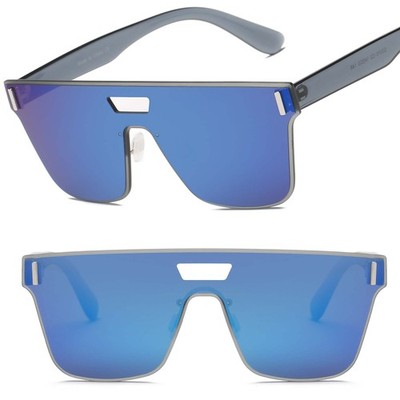 Bold Modern Minimalist Flat Top Reflective Blue Lens Shield Sunglasses