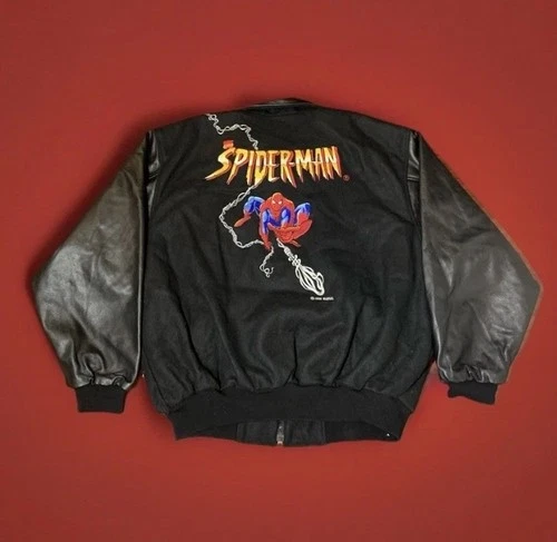 Vintage Spiderman Jacket Men’s 2XL Marvel Comics Leather Wool Bomber 1996 RARE - product listing photo
