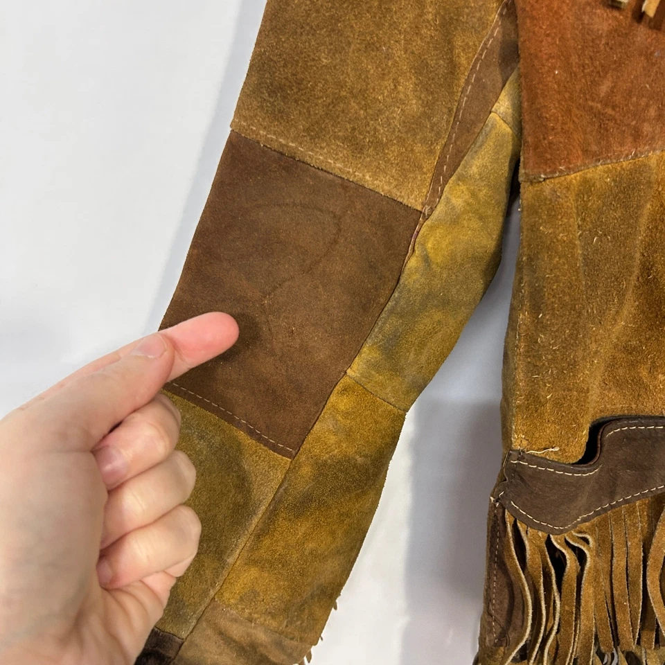 Suede Fringe Patchwork Jacket Youth 10 Brown Western Boho Folkcore 70s Leather - Image 3 of 4