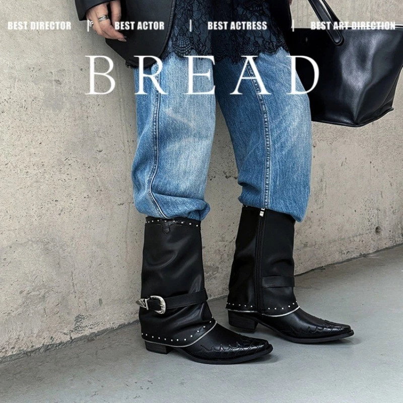 Retro Mujeres Tacón Grueso Vaquero Occidental Medio Pantorrilla Botas Cremallera Lateral Ropa de Trabajo Botas Foto 3 de 4