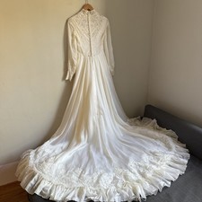 Vintage Ivory Lace Wedding Gown Dress 1970s Victorian Revival Cathedral Train XS