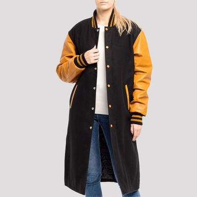 Women s Black Wool & Old Gold Leather Varsity Coat   Long Letterman Jacket