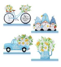 Spring Floral Gnome Figurines Set, Bicycle, Truck, Blue White, 4 Pieces