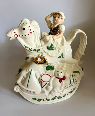 Lenox Holiday Elf-on-Rocking Horse Porcelain Teapot, 24 oz, with Lid